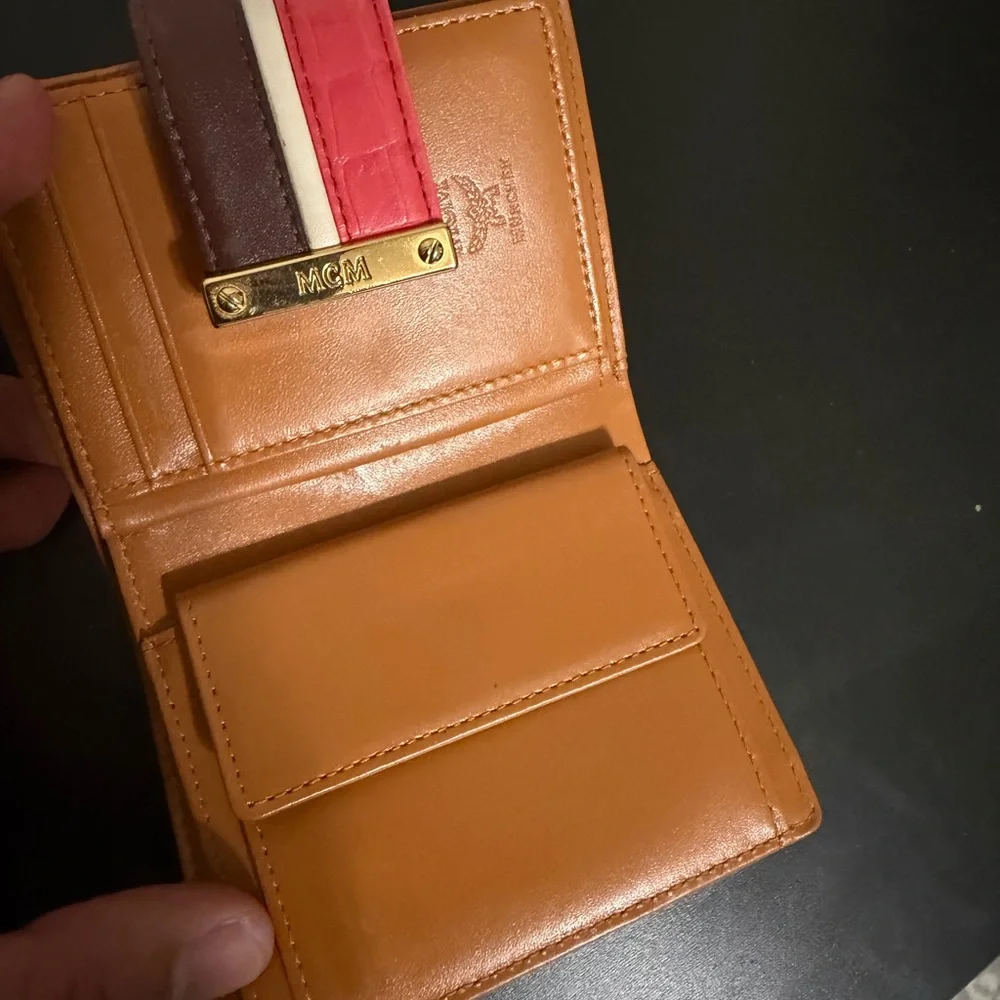 MCM Cognac Logo Leather Bifold Wallet with Red Accent Strap - Picture 3 of 3